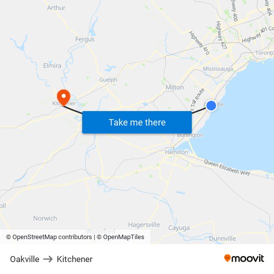 Oakville to Kitchener map