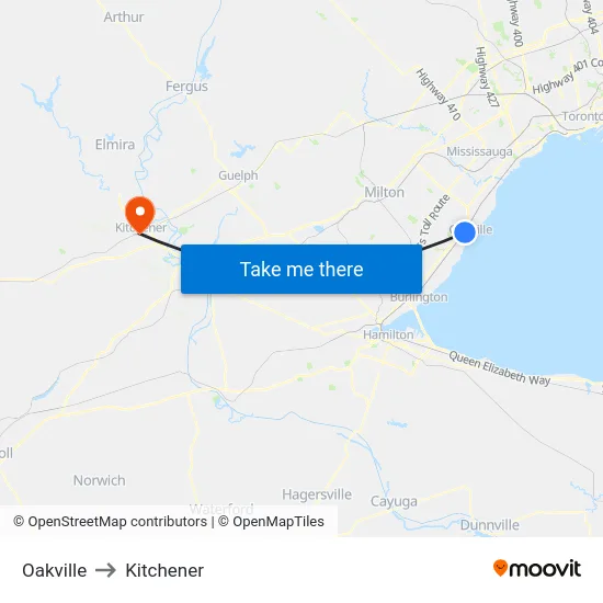 Oakville to Kitchener map