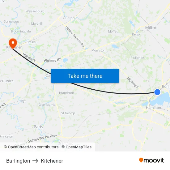 Burlington to Kitchener map