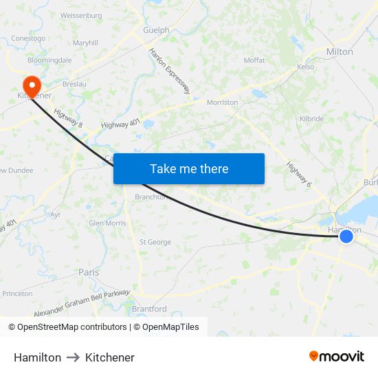 Hamilton to Kitchener map