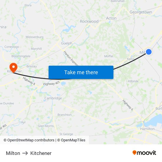 Milton to Kitchener map
