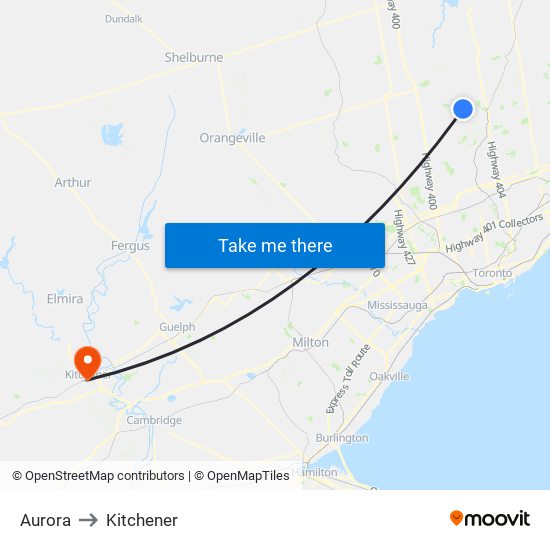 Aurora to Kitchener map