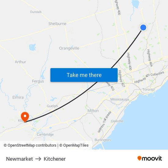 Newmarket to Kitchener map
