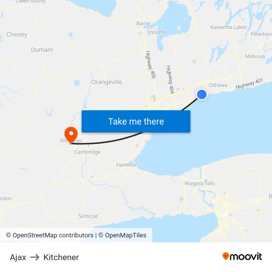 Ajax to Kitchener map