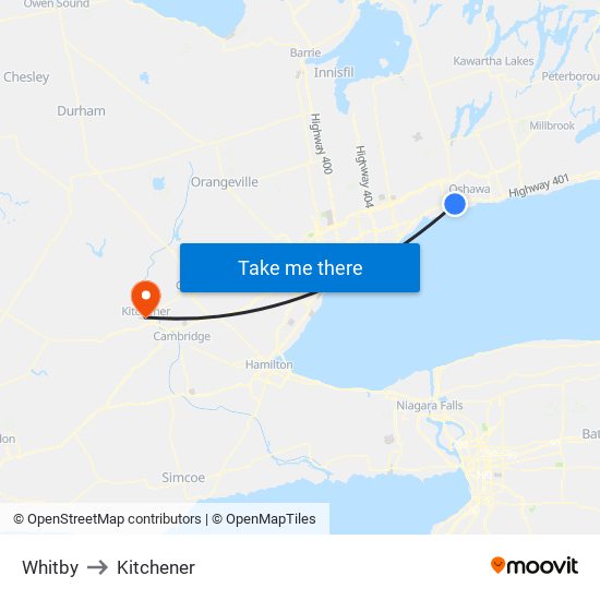 Whitby to Kitchener map