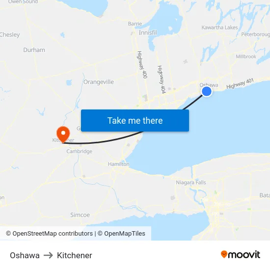Oshawa to Kitchener map