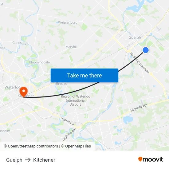 Guelph to Kitchener map