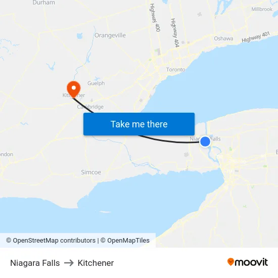 Niagara Falls to Kitchener map