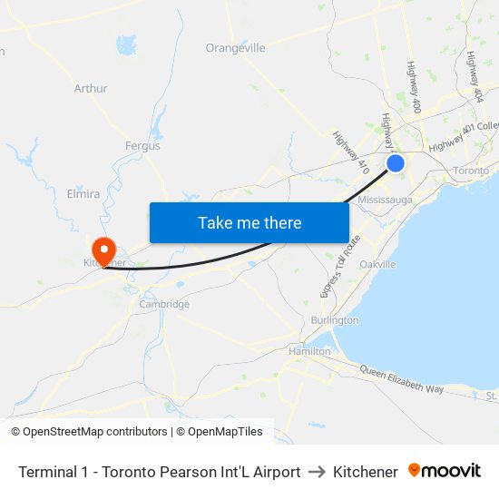 Terminal 1 - Toronto Pearson Int'L Airport to Kitchener map