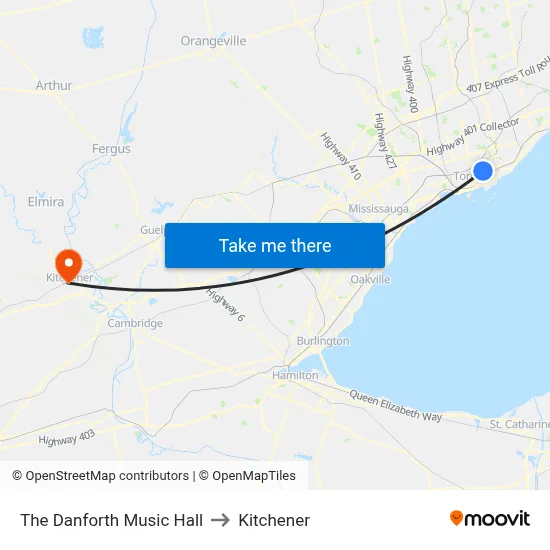 The Danforth Music Hall to Kitchener map