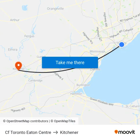 Cf Toronto Eaton Centre to Kitchener map