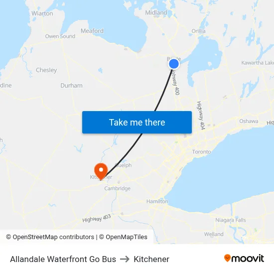 Allandale Waterfront Go Bus to Kitchener map