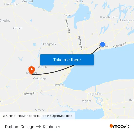 Durham College to Kitchener map
