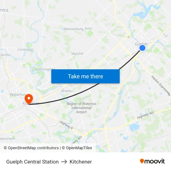 Guelph Central Station to Kitchener map