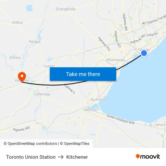 Toronto Union Station to Kitchener map