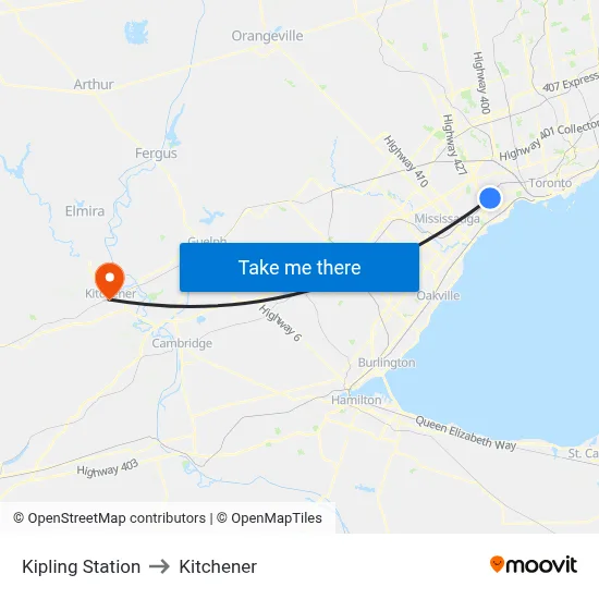 Kipling Station to Kitchener map