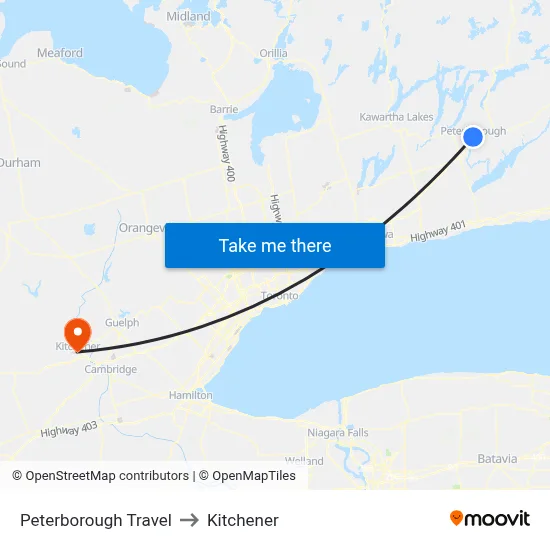 Peterborough Travel to Kitchener map