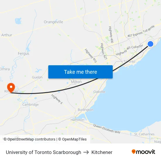 University of Toronto Scarborough to Kitchener map