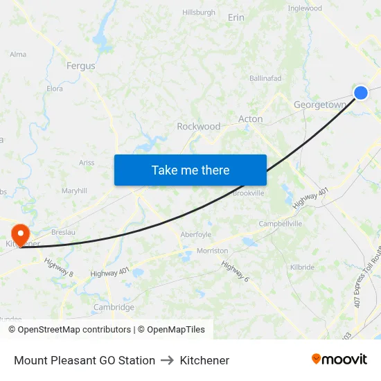 Mount Pleasant GO Station to Kitchener map