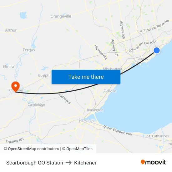 Scarborough GO Station to Kitchener map