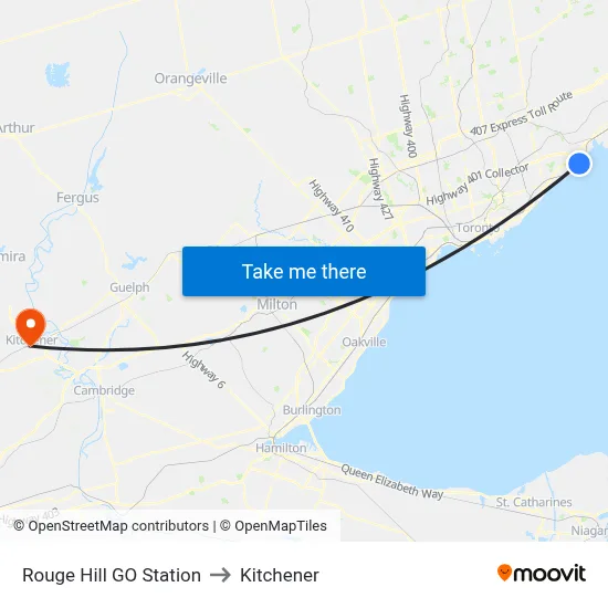 Rouge Hill GO Station to Kitchener map