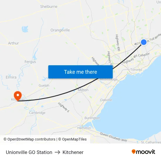 Unionville GO Station to Kitchener map