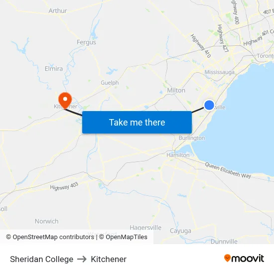 Sheridan College to Kitchener map