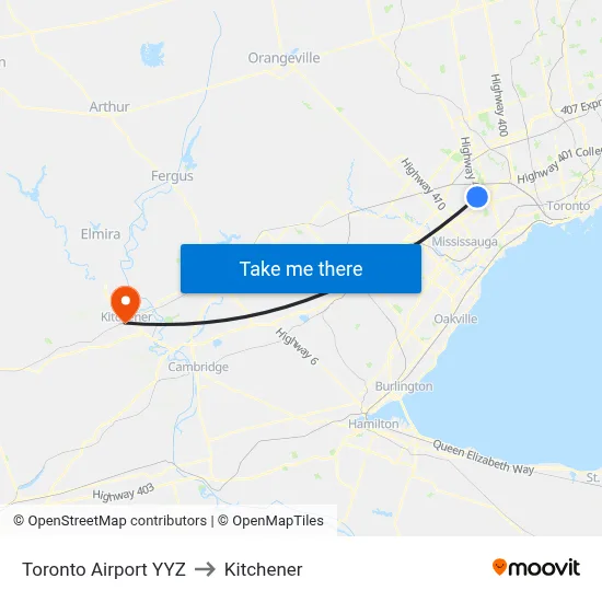 Toronto Airport YYZ to Kitchener map