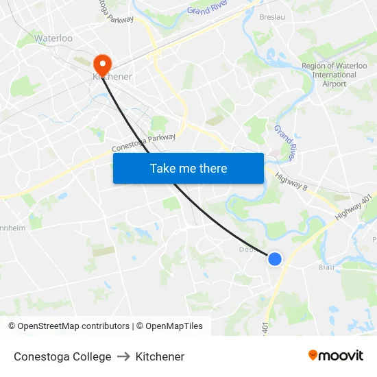 Conestoga College to Kitchener map