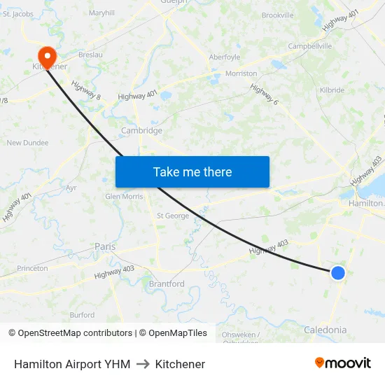 Hamilton Airport YHM to Kitchener map