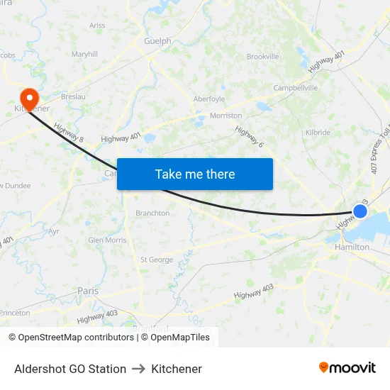Aldershot GO Station to Kitchener map