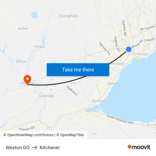 Weston GO to Kitchener map