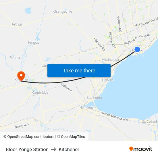 Bloor Yonge Station to Kitchener map