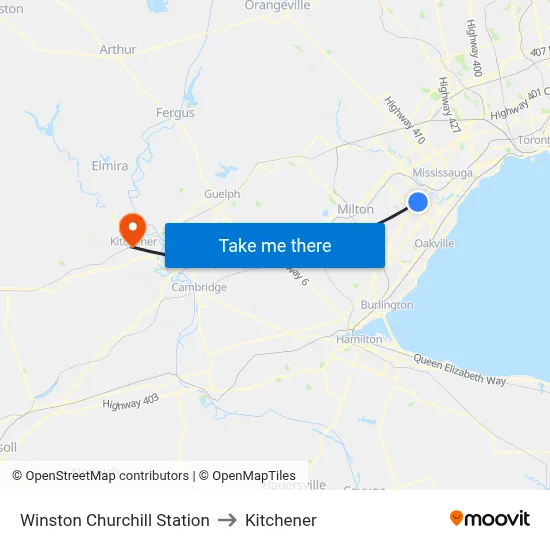 Winston Churchill Station to Kitchener map