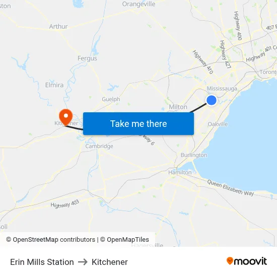 Erin Mills Station to Kitchener map