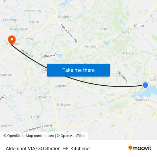 Aldershot VIA/GO Station to Kitchener map