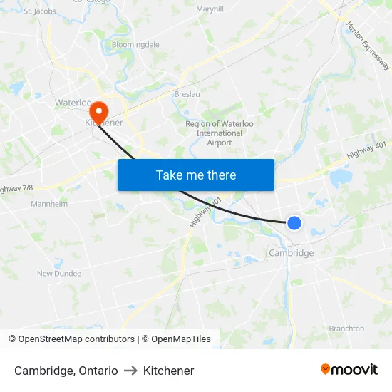 Cambridge, Ontario to Kitchener map