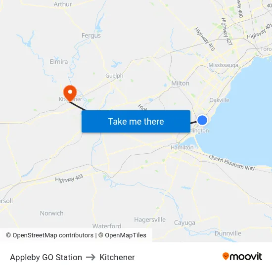 Appleby GO Station to Kitchener map