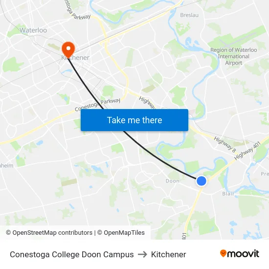 Conestoga College Doon Campus to Kitchener map