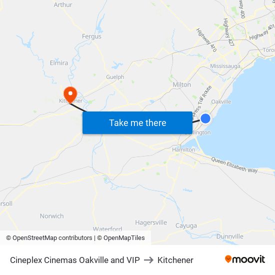 Cineplex Cinemas Oakville and VIP to Kitchener map