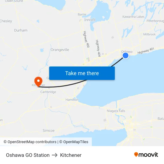 Oshawa GO Station to Kitchener map