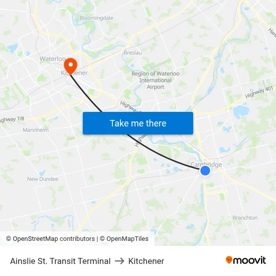 Ainslie St. Transit Terminal to Kitchener map