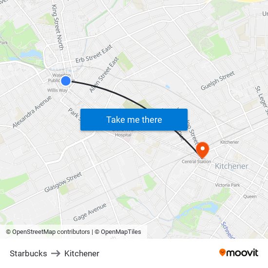 Starbucks to Kitchener map