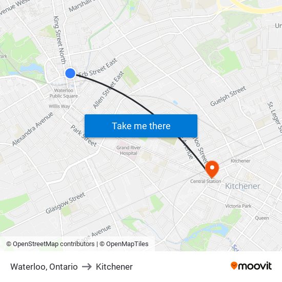 Waterloo, Ontario to Kitchener map