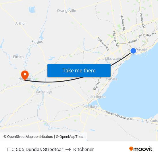 TTC 505 Dundas Streetcar to Kitchener map
