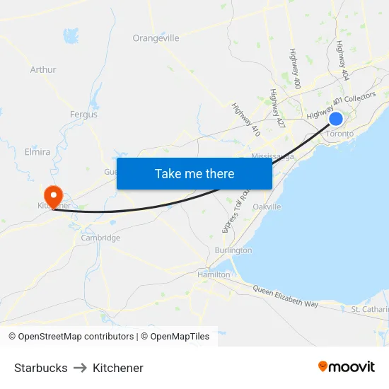 Starbucks to Kitchener map