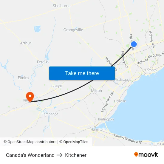 Canada's Wonderland to Kitchener map