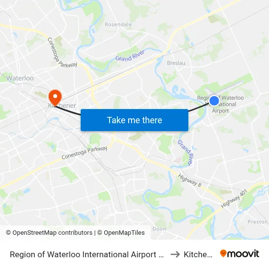 Region of Waterloo International Airport (YKF) to Kitchener map