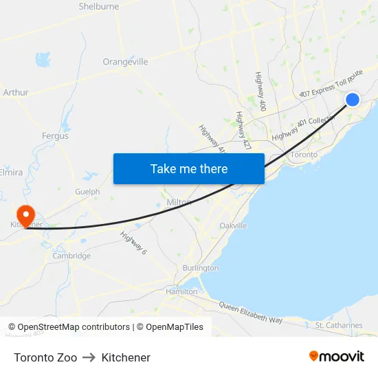Toronto Zoo to Kitchener map
