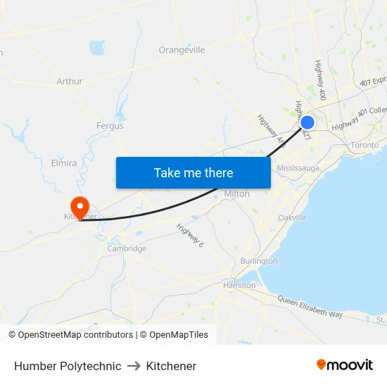 Humber Polytechnic to Kitchener map